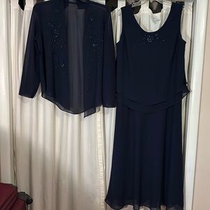 R M Richards   Two piece tea length formal dress, size 16, dark blue.